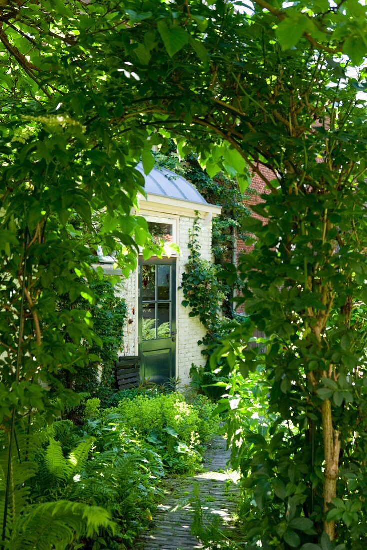 View of traditional house through trellis arch in garden