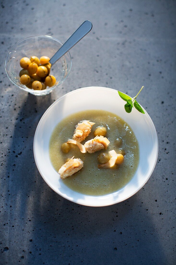 Gooseberry soup with crispy coconut and labneh balls