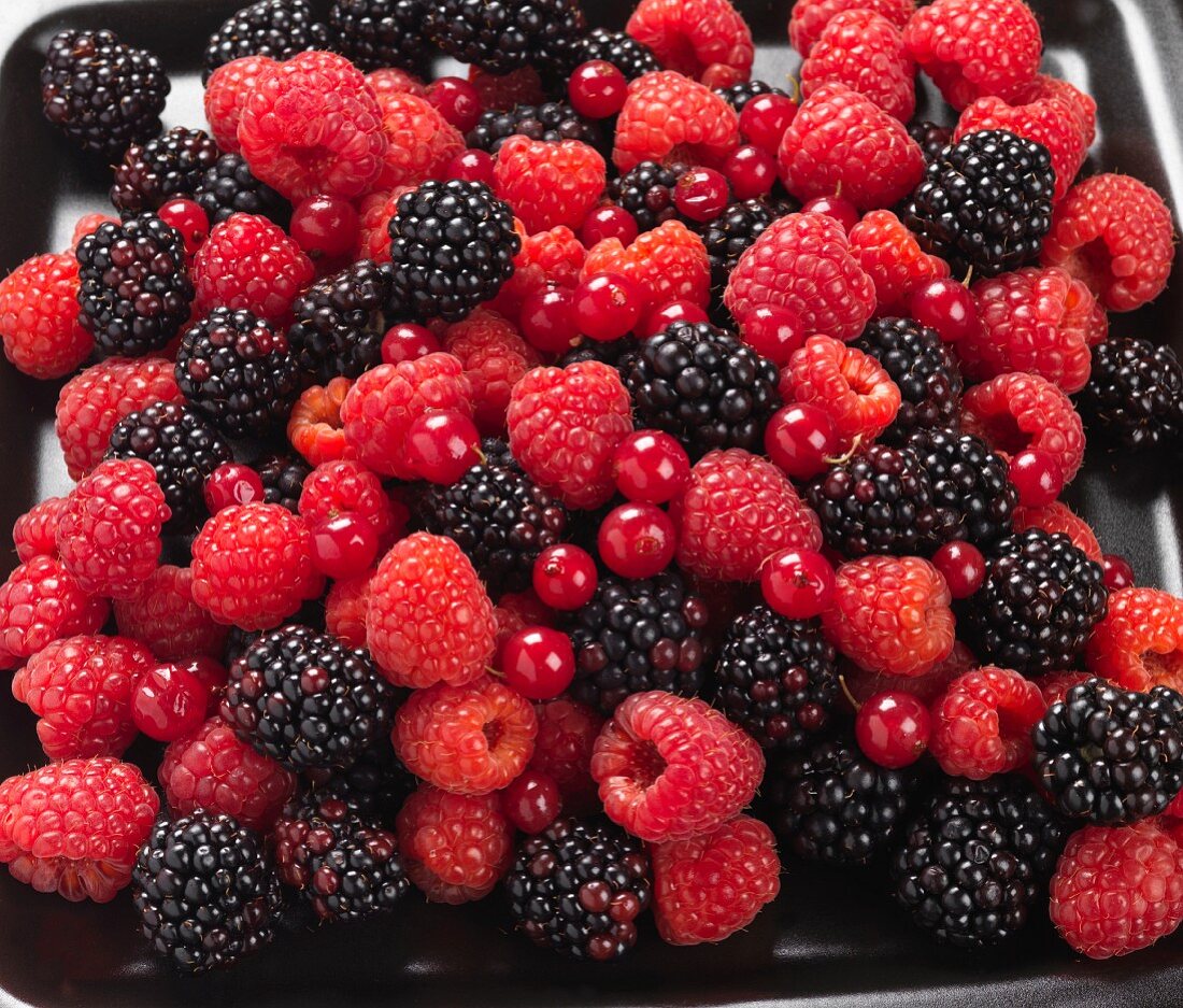 Raspberries, blackberries and redcurrants
