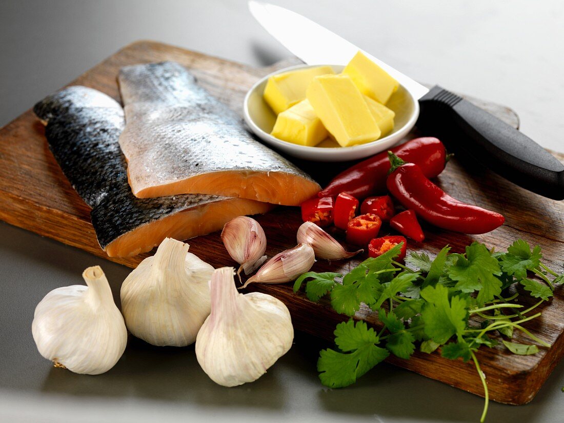 Ingredients are salmon with garlic, chilli and coriander