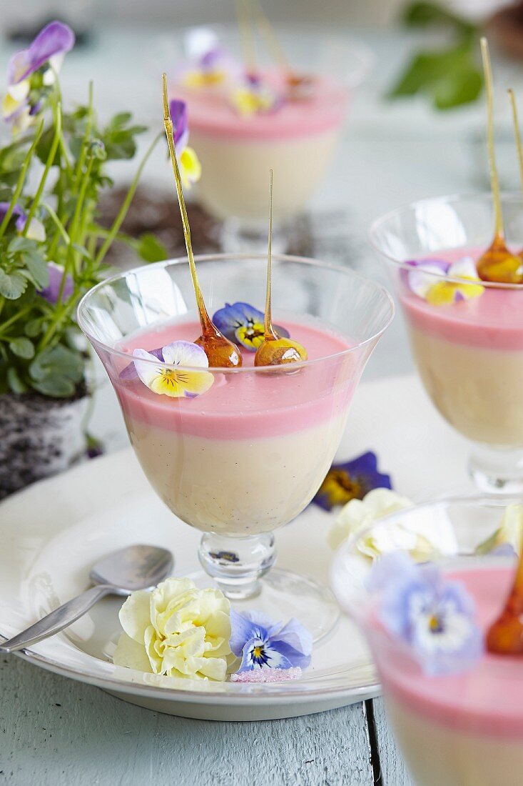 Rose water panna cotta topped with candied pistachios