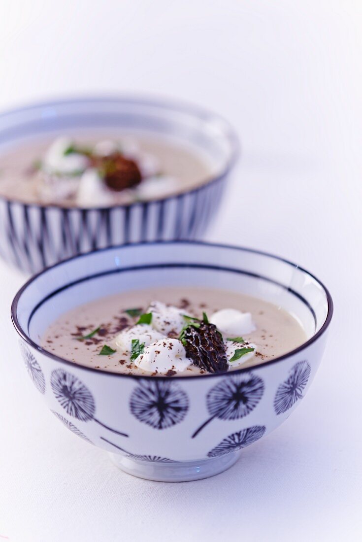 Soup made with morel mushrooms, button mushrooms and vanilla