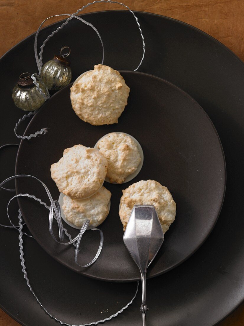Coconut macaroons on a brown plate