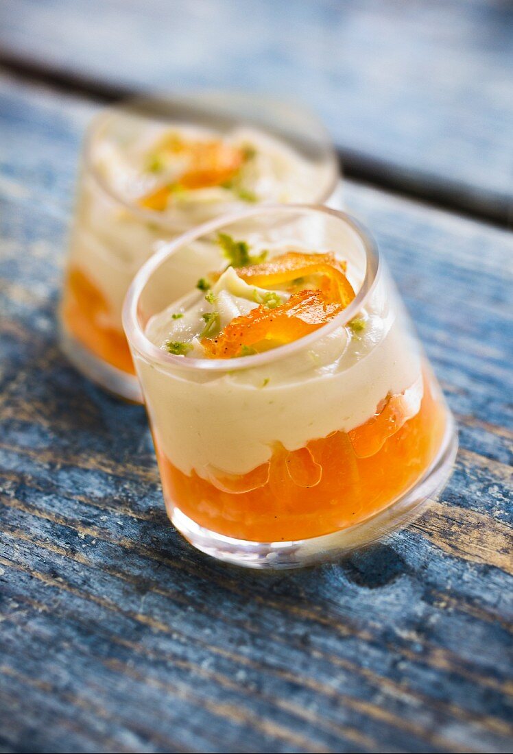 Layered desserts with oranges and wasabi