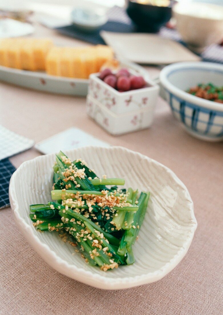 Japanese breakfast: chard with chopped peanuts