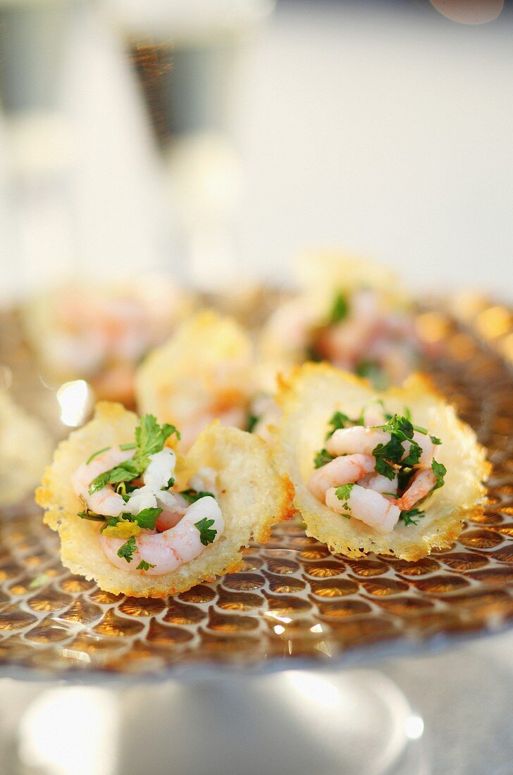 Prawn canapés on a festive platter