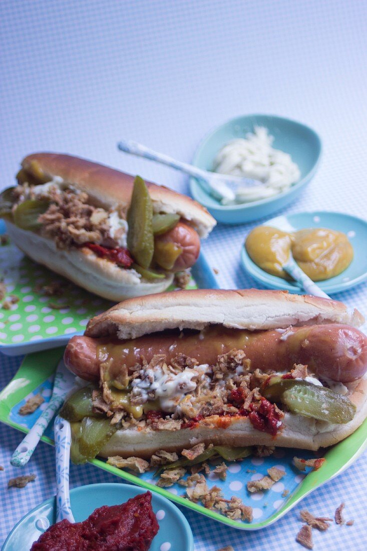 Homemade hot dogs with various dips, gherkins and roasted onions