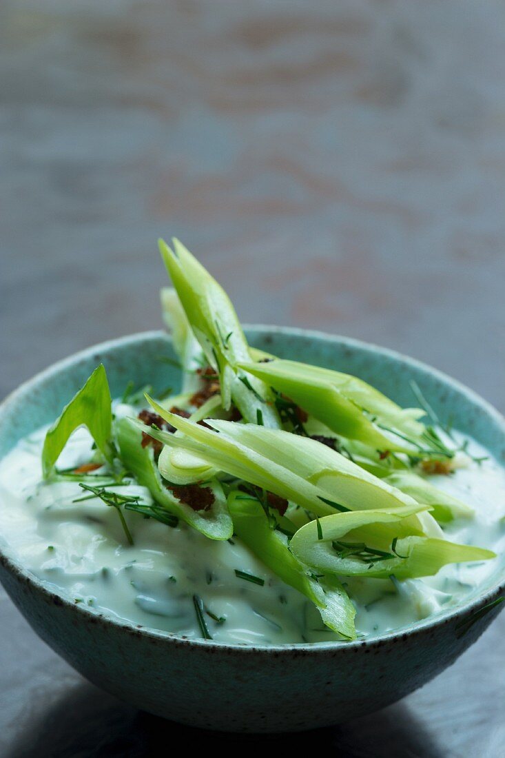 Veganes Tzatziki mit Sojajoghurt, Frühlingszwiebeln, Gurke und Dill in türkisblauer Schale