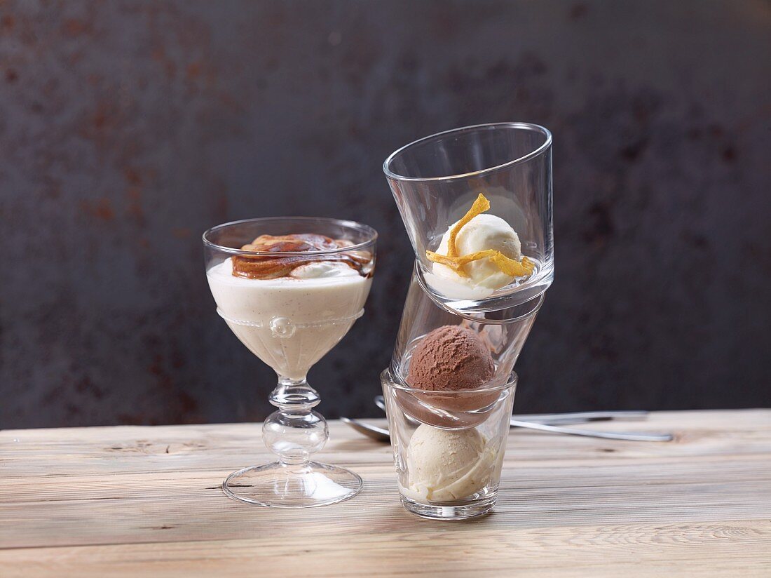 Espresso-on-top dessert and lemon, vanilla and chocolate ice cream in glasses