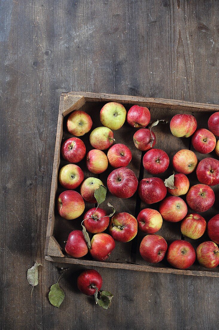Red apples in a wooden crate (seen from above)