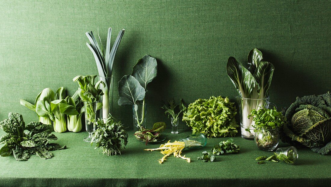 Assorted green vegetables on a green table