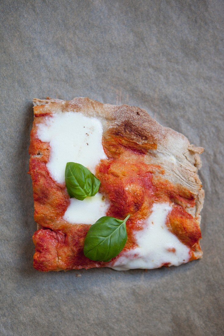 A slice of pizza with mozzarella, tomato and basil