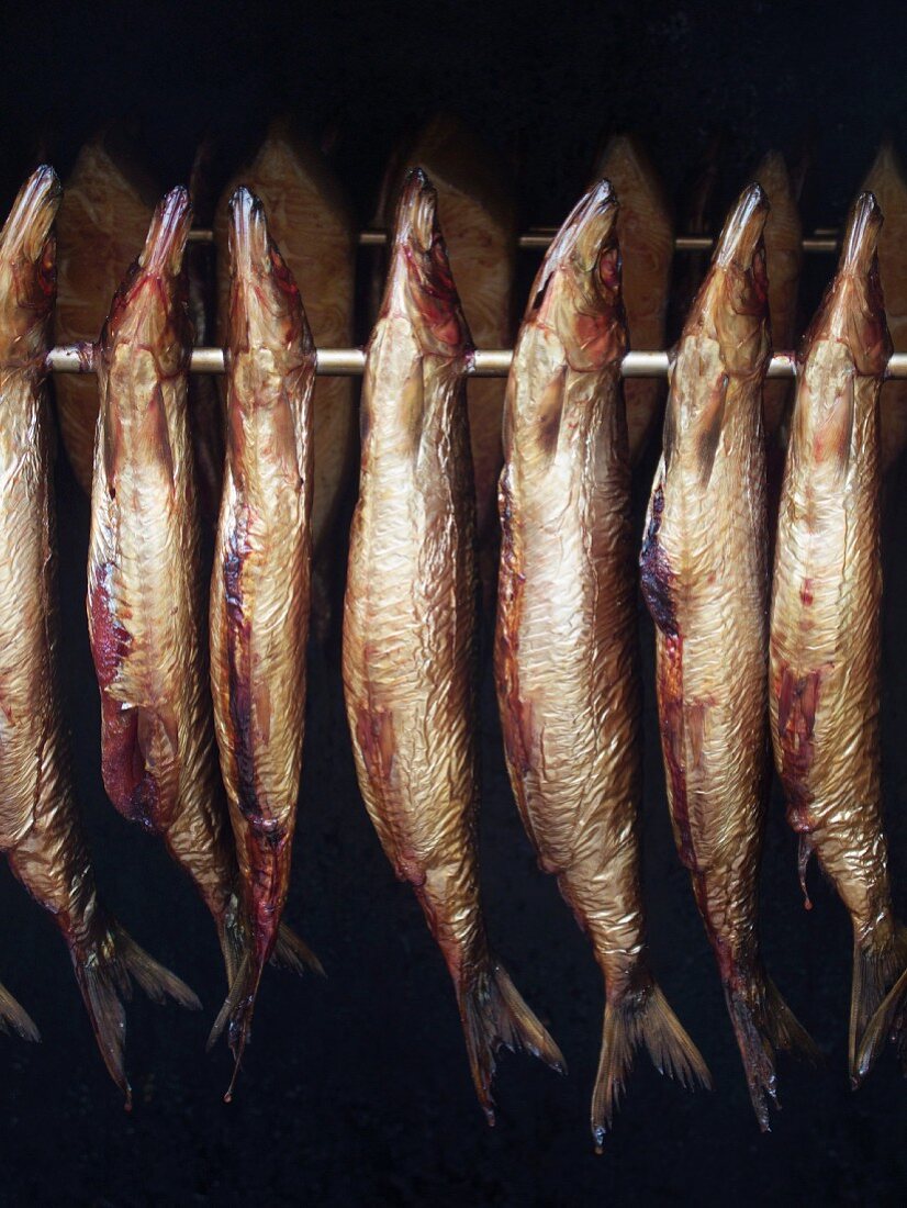 Smoked fish hanging on a rod