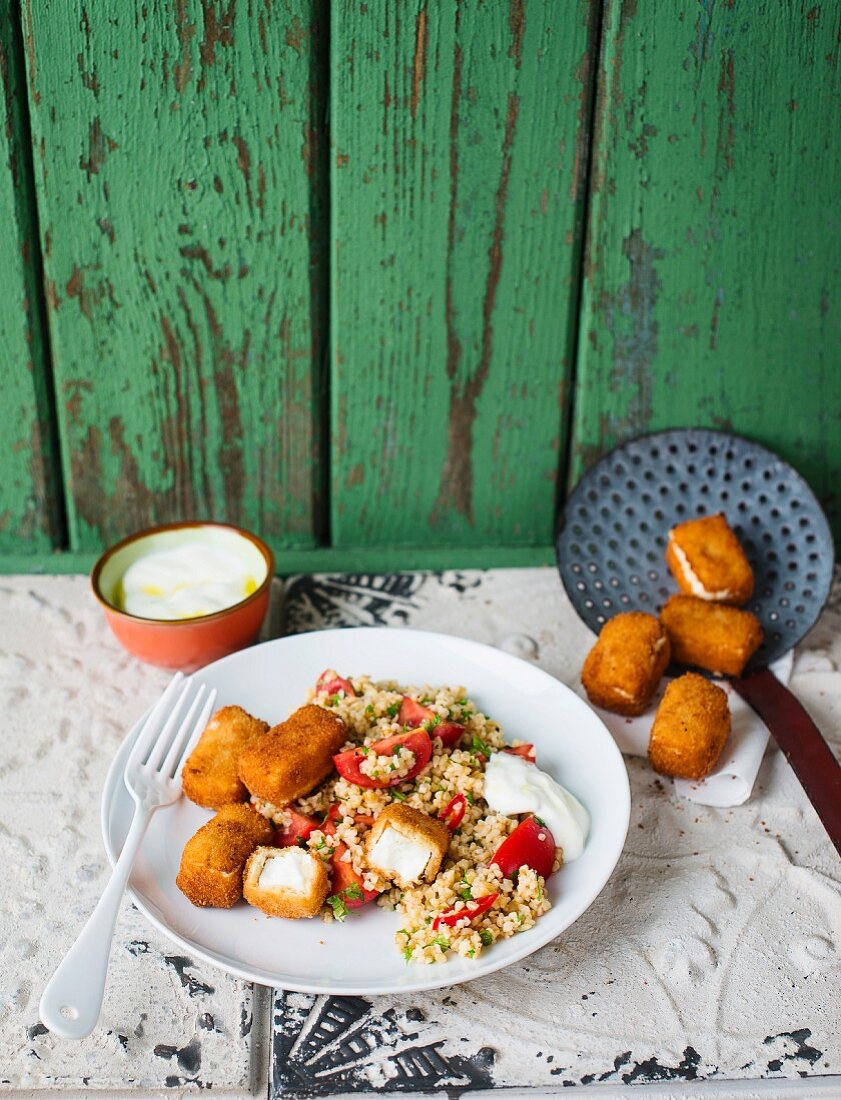 Bulgur salad with fried sheep's cheese and a dip
