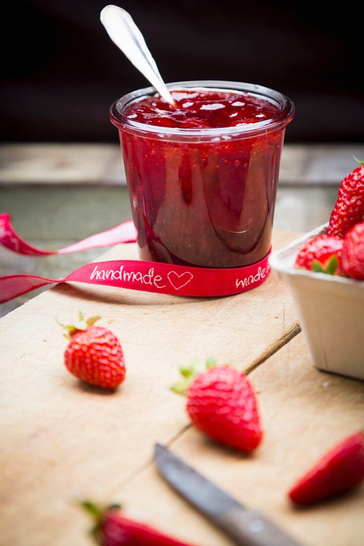 A jar of homemade strawberry jam