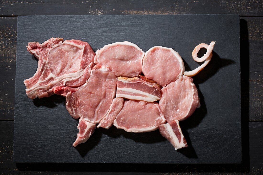 Cuts of pork in the shape of a pig (seen from above)