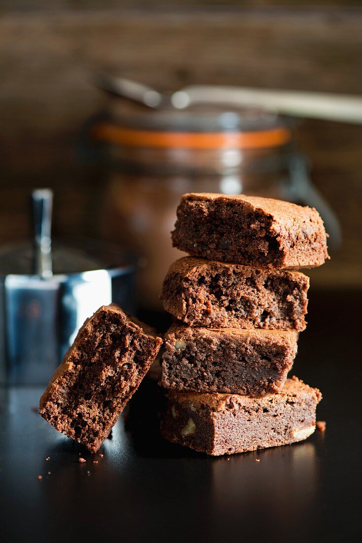 A stack of rich chocolate brownies