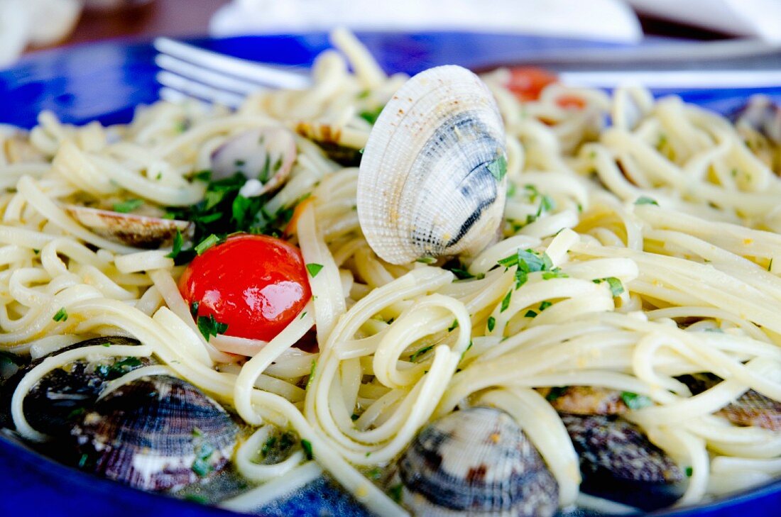 Linguine with seafood and cherry tomatoes
