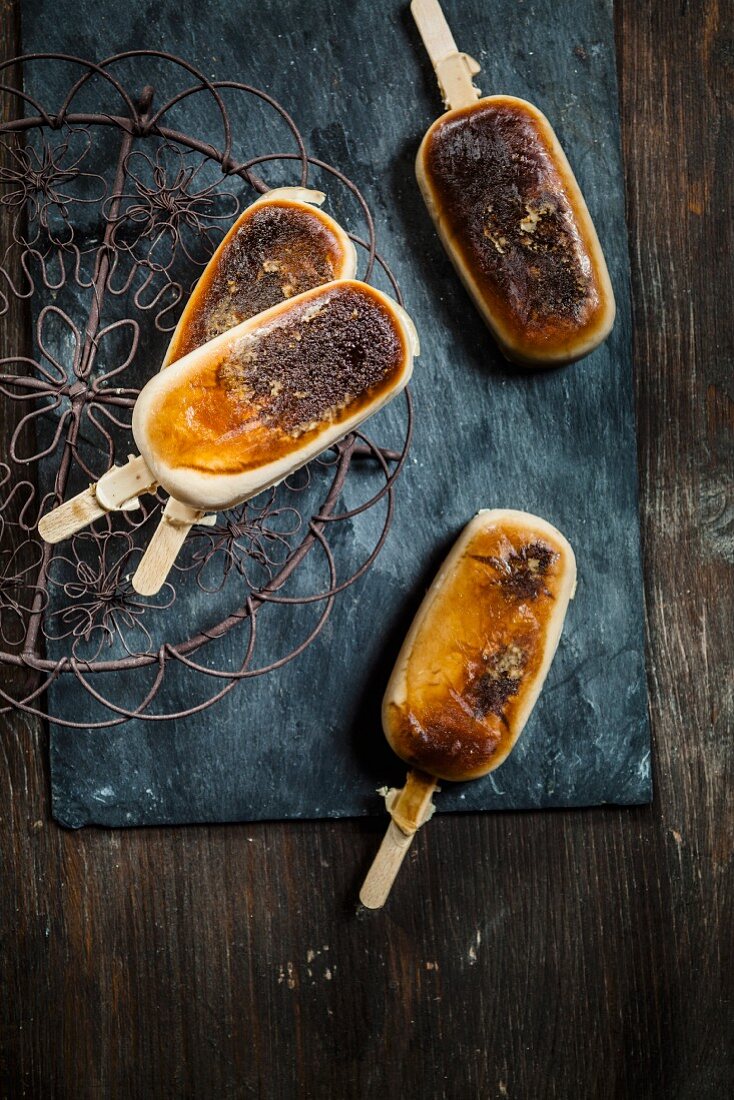 Homemade espresso ice cream sticks with coconut (seen above)