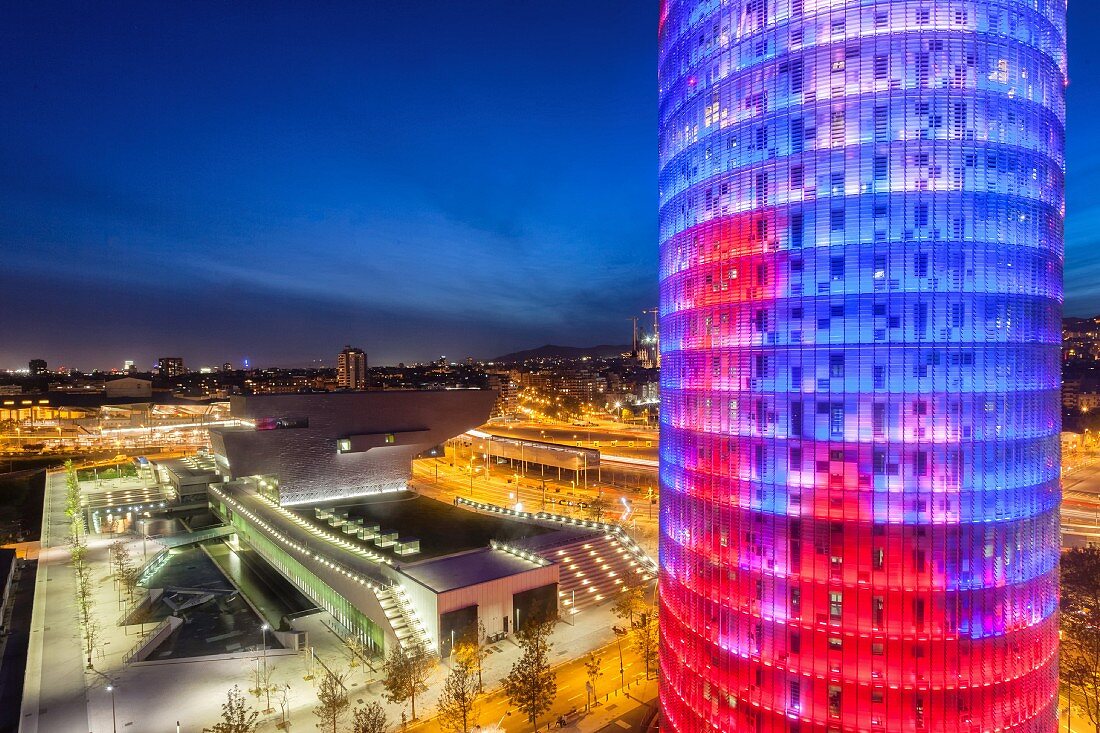 Illuminated buildings in Barcelona, Catalonia, Spain