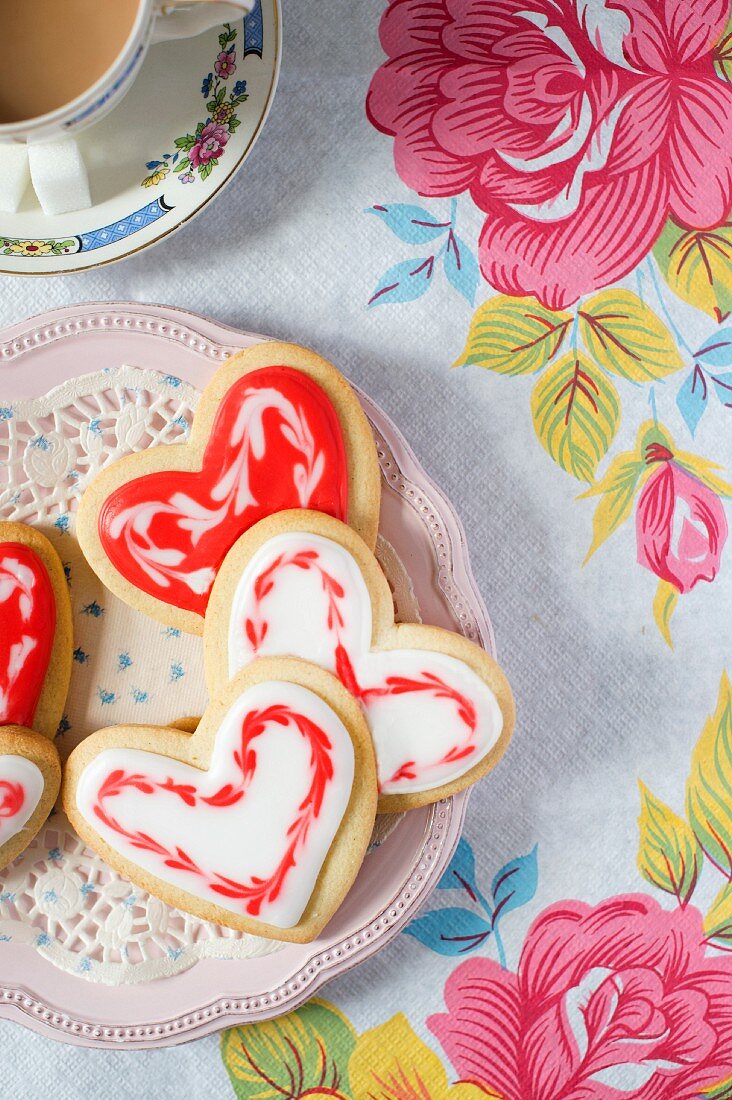 Heart-shaped iced biscuits