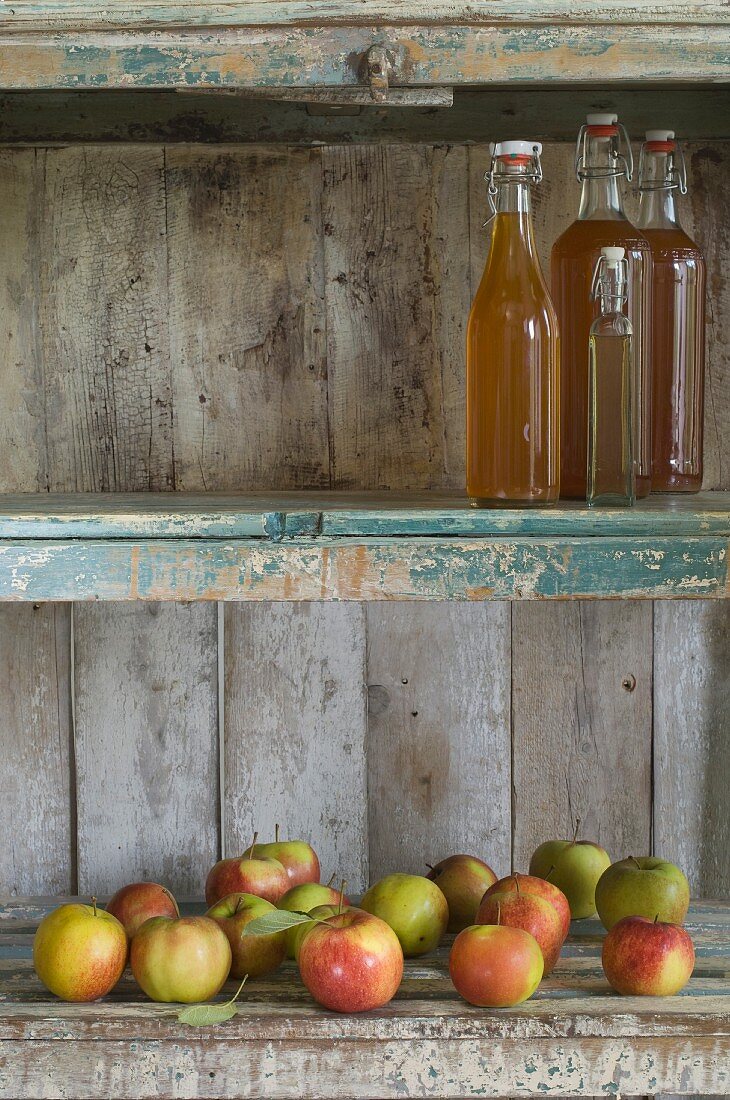 Mehrere Flaschen Apfelsaft und Äpfel (Jonagold) in einem rustikalen Schrank