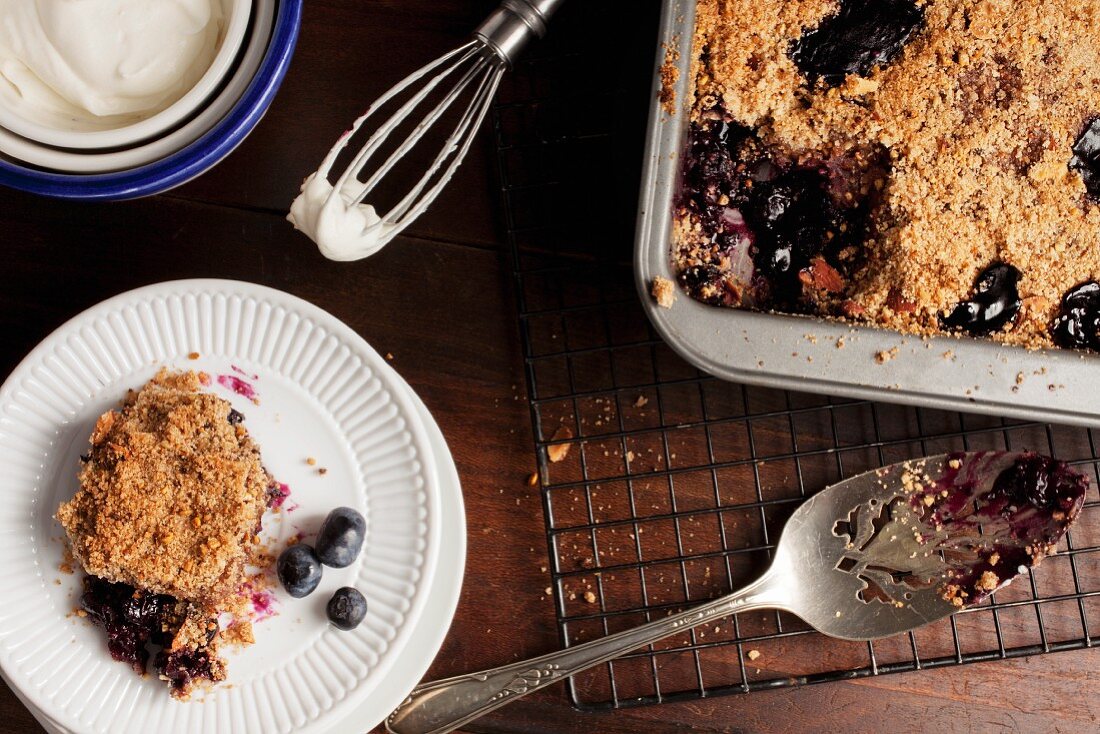 Warm blueberry crumble, sliced