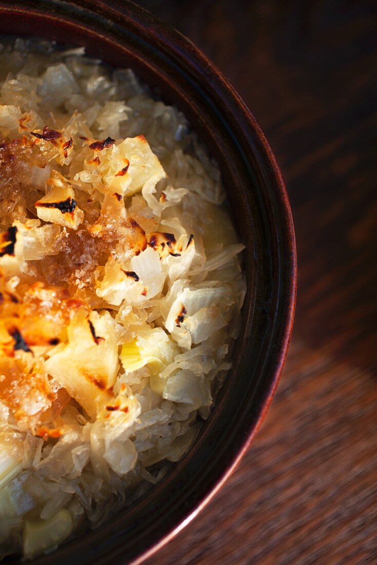 Fennel gratin in a baking dish seen from above