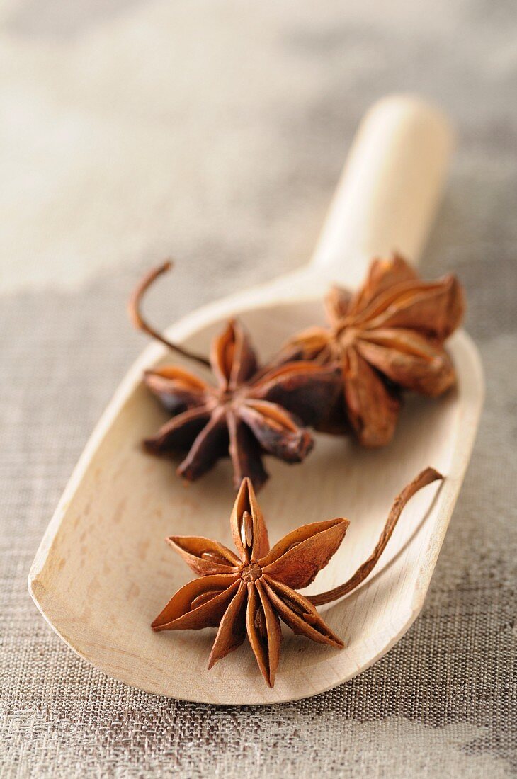Anise stars on a wooden scoop (close-up)
