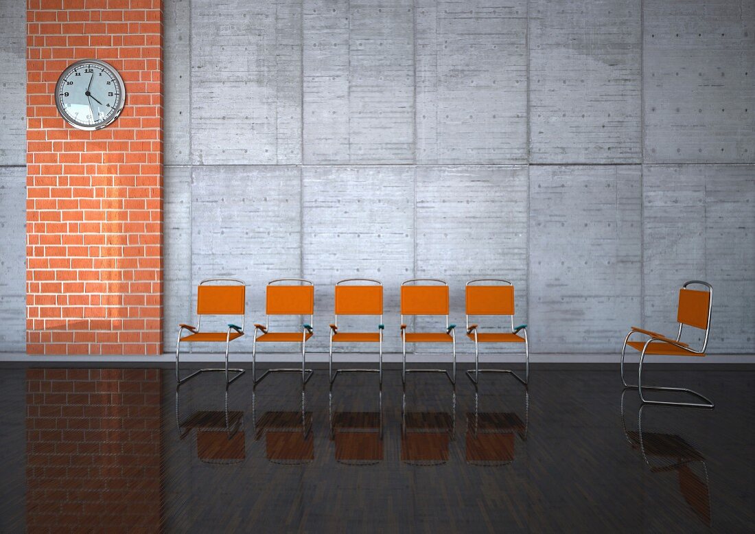 Waiting room with glossy floor, orange chairs & wall clock