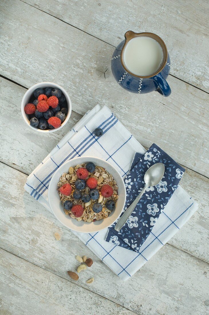 A healthy breakfast: muesli with milk and fresh berries (seen from above)