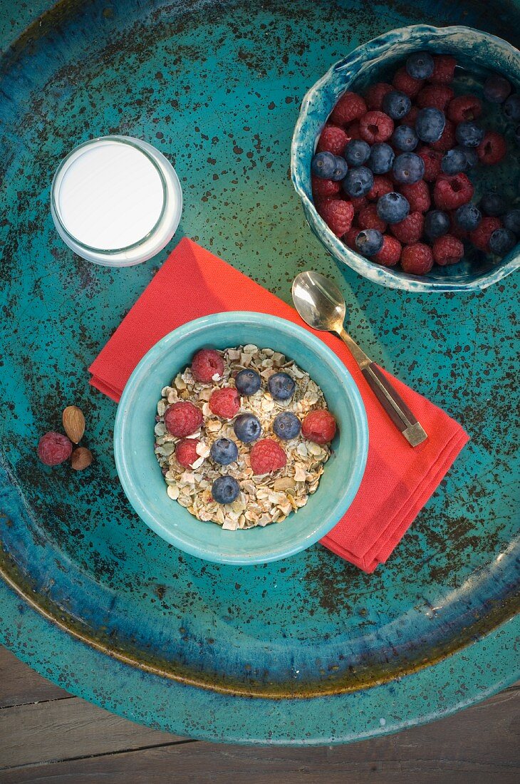 A healthy breakfast: muesli with fresh berries and milk (seen from above)