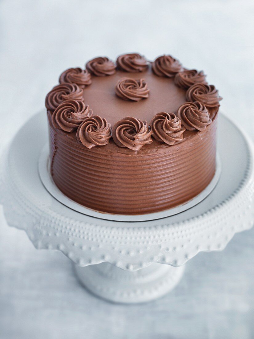 Chocolate cream cake on a cake stand