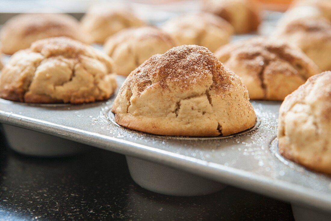 Donut Muffins mit Zimtzucker in Muffinblech (Nahaufnahme)