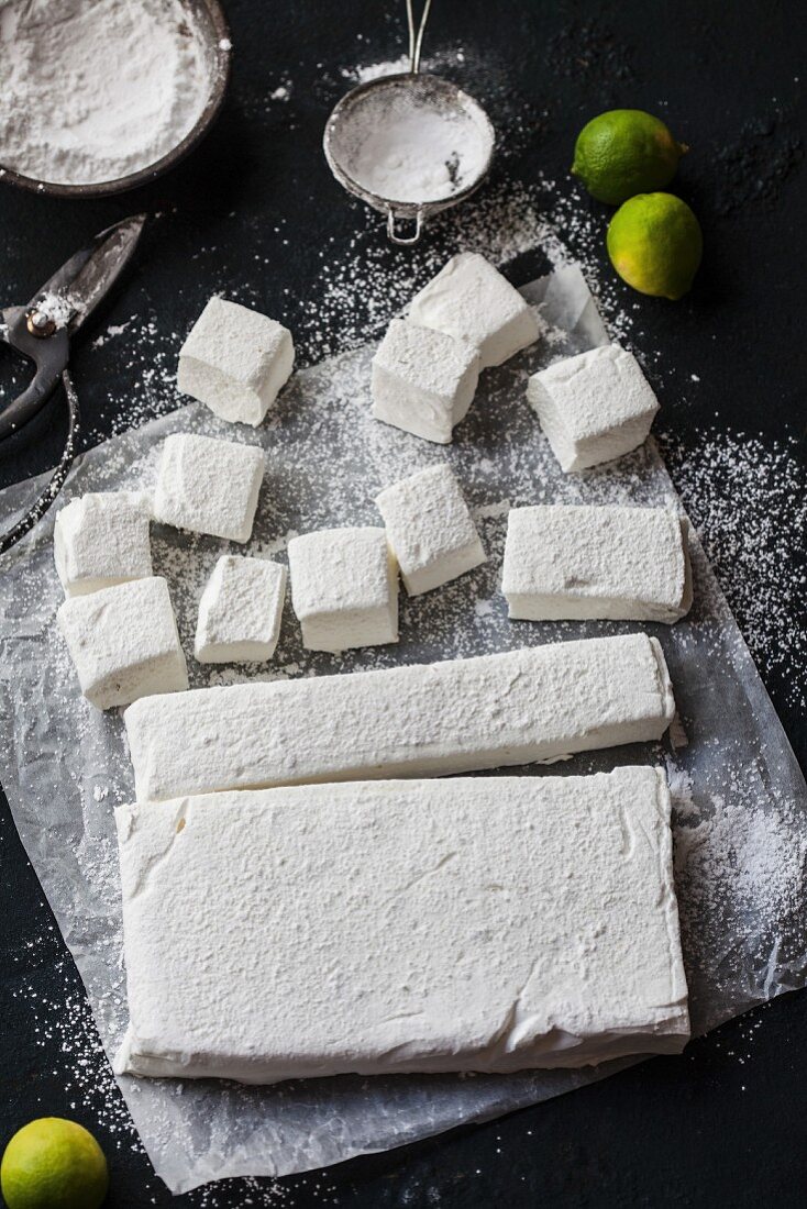 Homemade lime marshmallows, partially diced