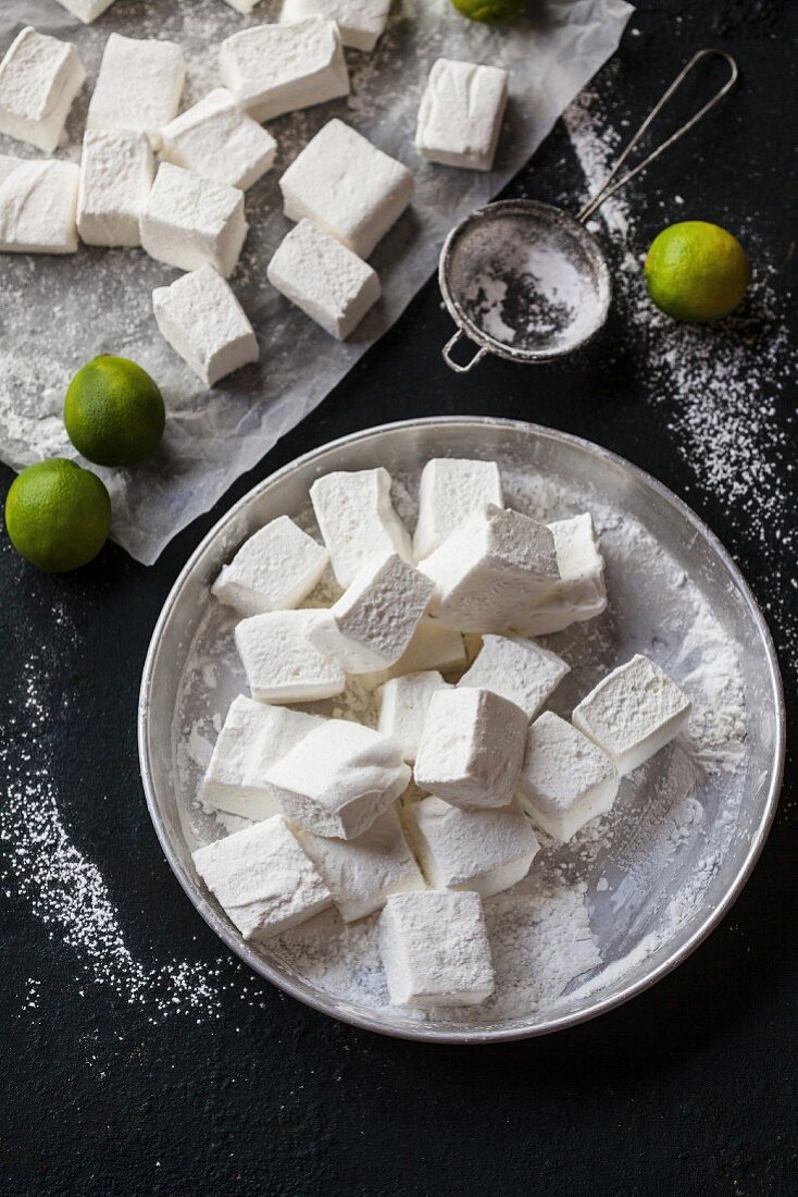 Homemade lime marshmallows, diced