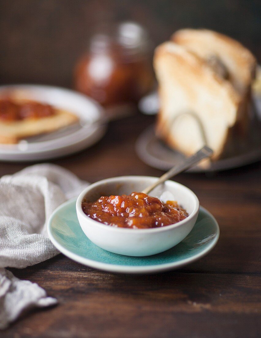 A bowl of peach jam