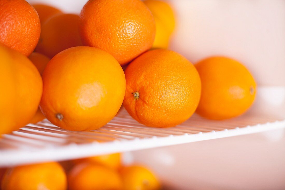 Viele Orangen auf Gitterrost eines Kühlschranks