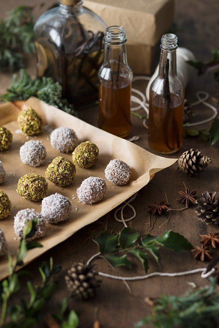 Vanilla truffles with pistachios nuts, coconut and homemade vanilla extract