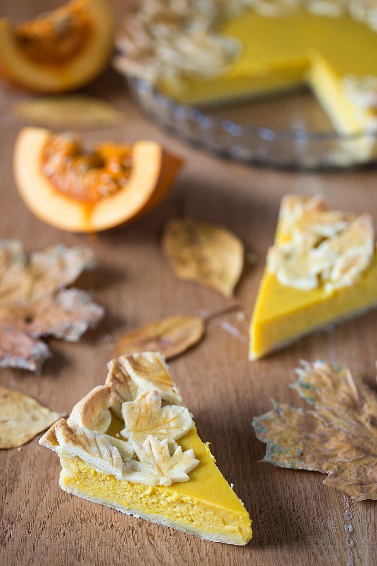 Pumpkin cake decorated with shortbread pastry leaves