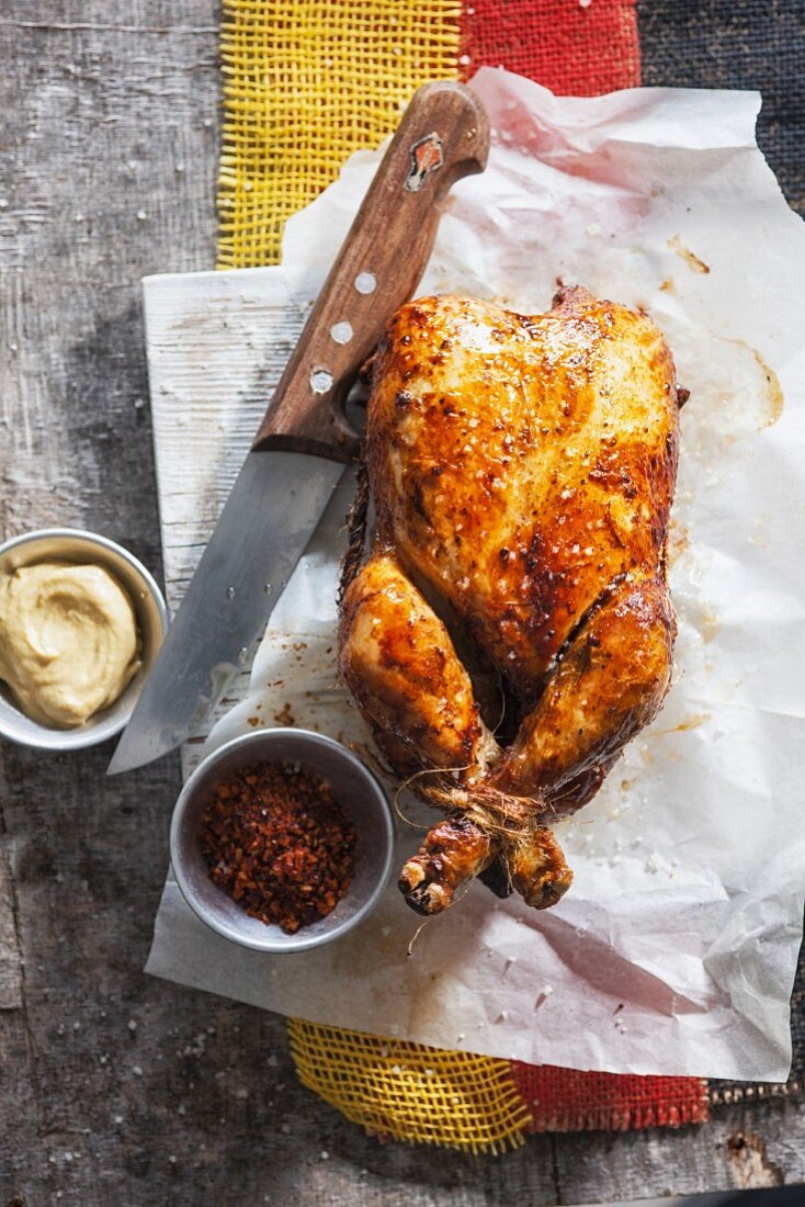 Spicy roast chicken with mustard (seen from above)