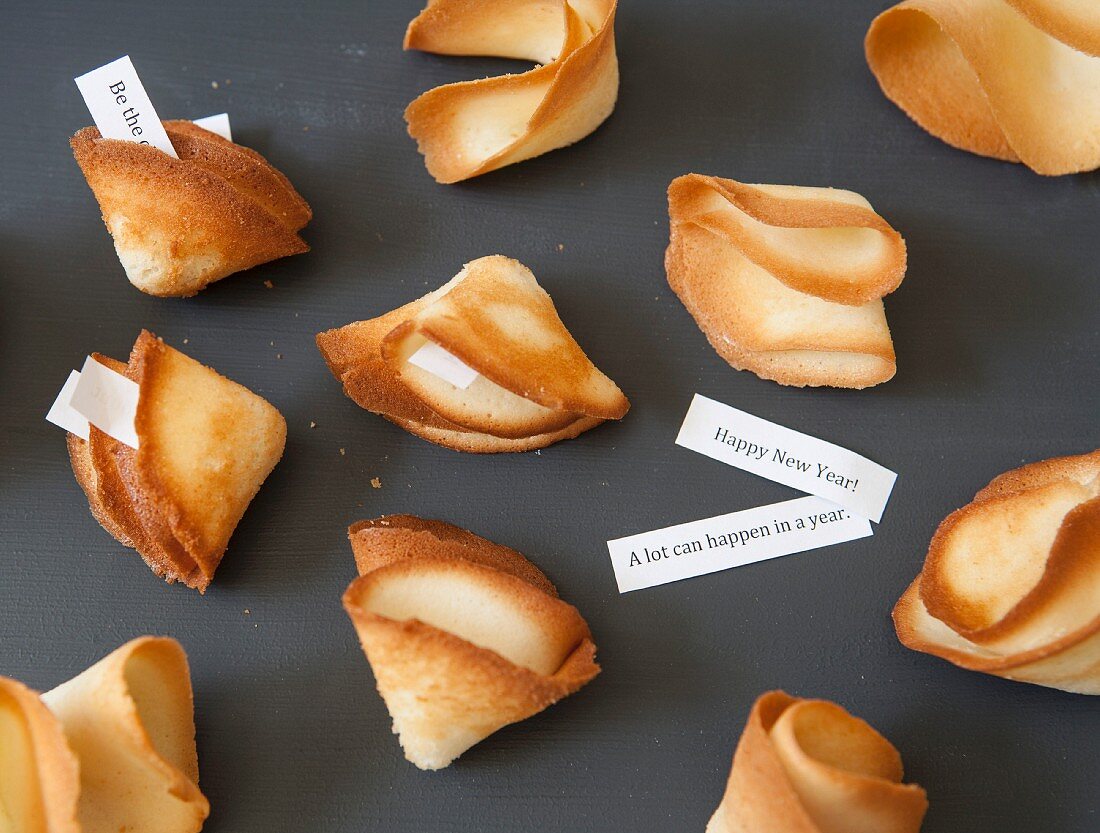 Homemade fortune cookies with fortunes for the New Year