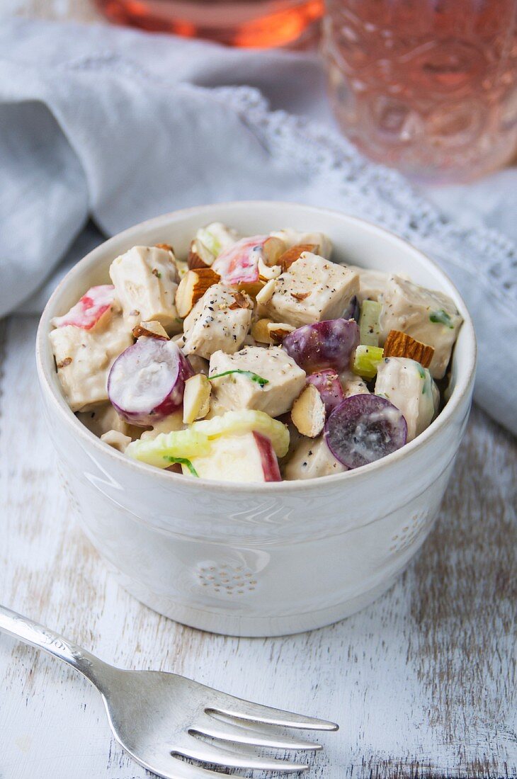 Vegan Waldorf salad with vegetables and almonds