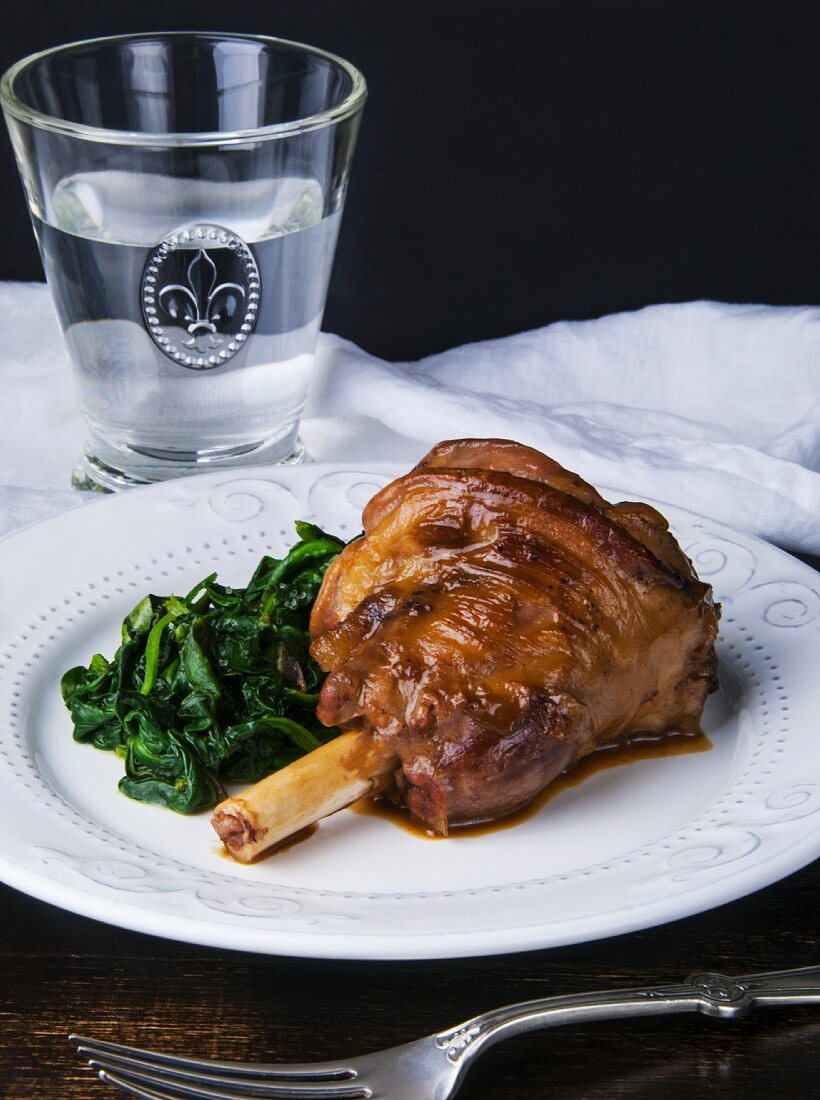 Roasted knuckle of lamb with spinach
