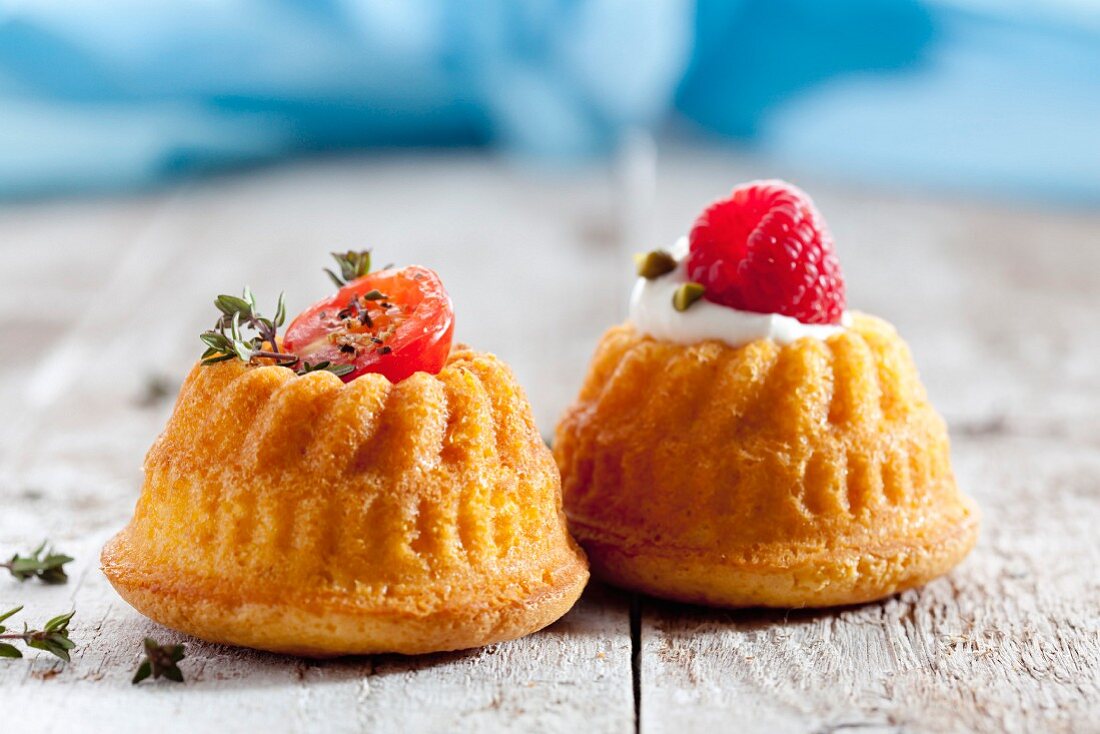 Two mini Bundt cakes one with a savoury and one with a sweet filling