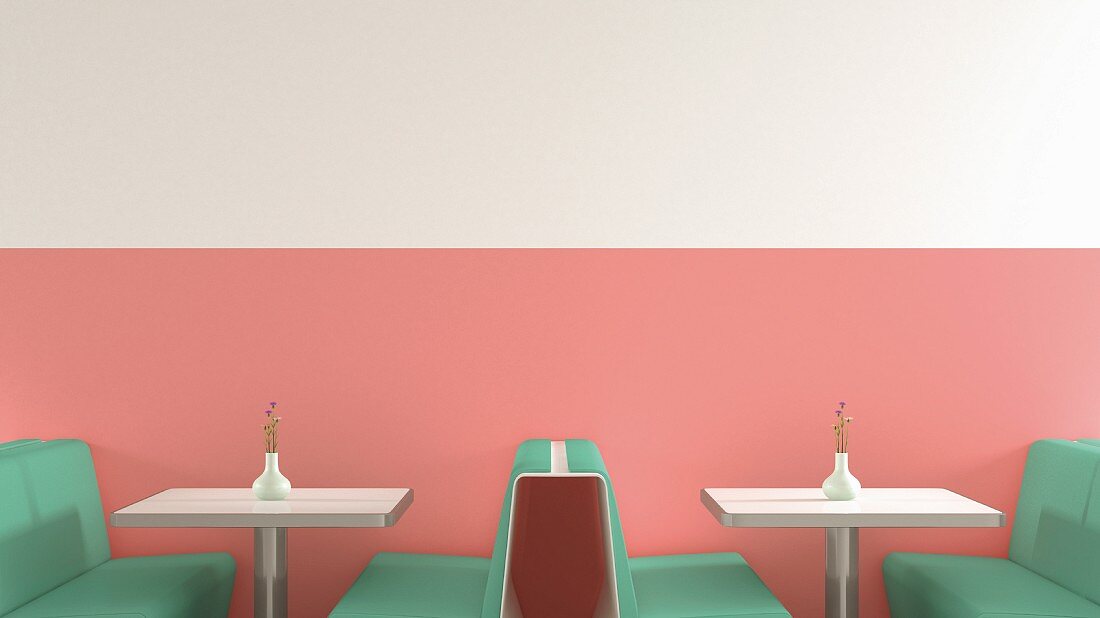American-style café with green benches, metal tables & pink wall