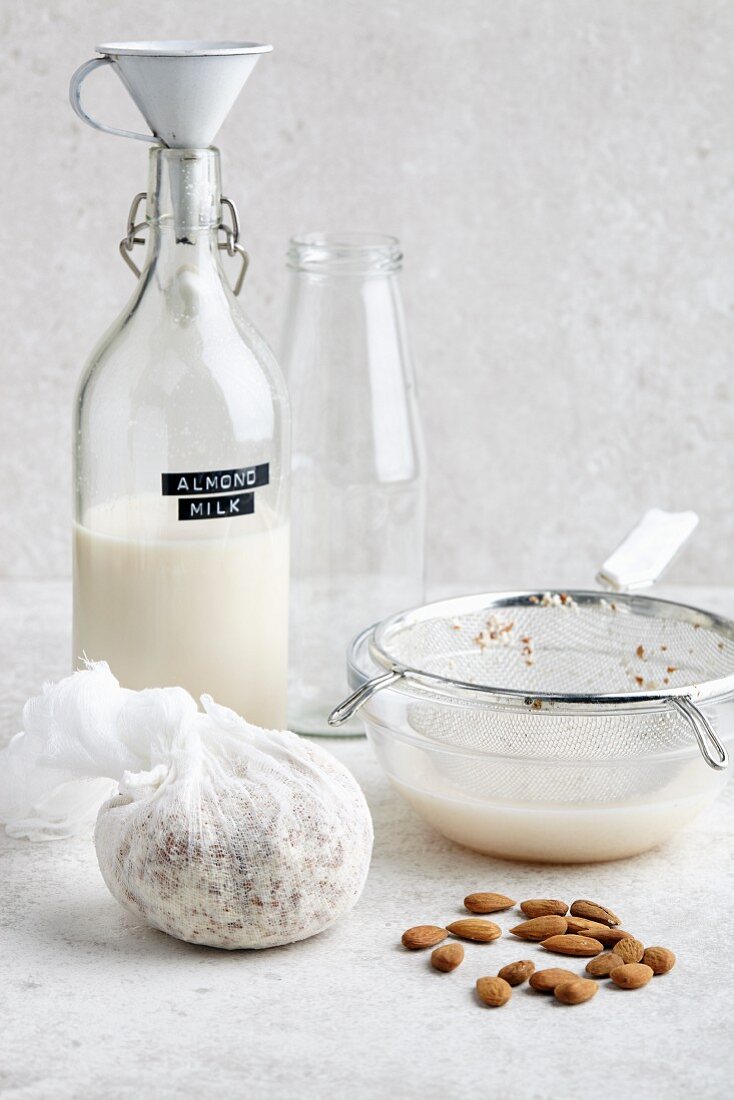 Homemade vegan almond milk and almonds