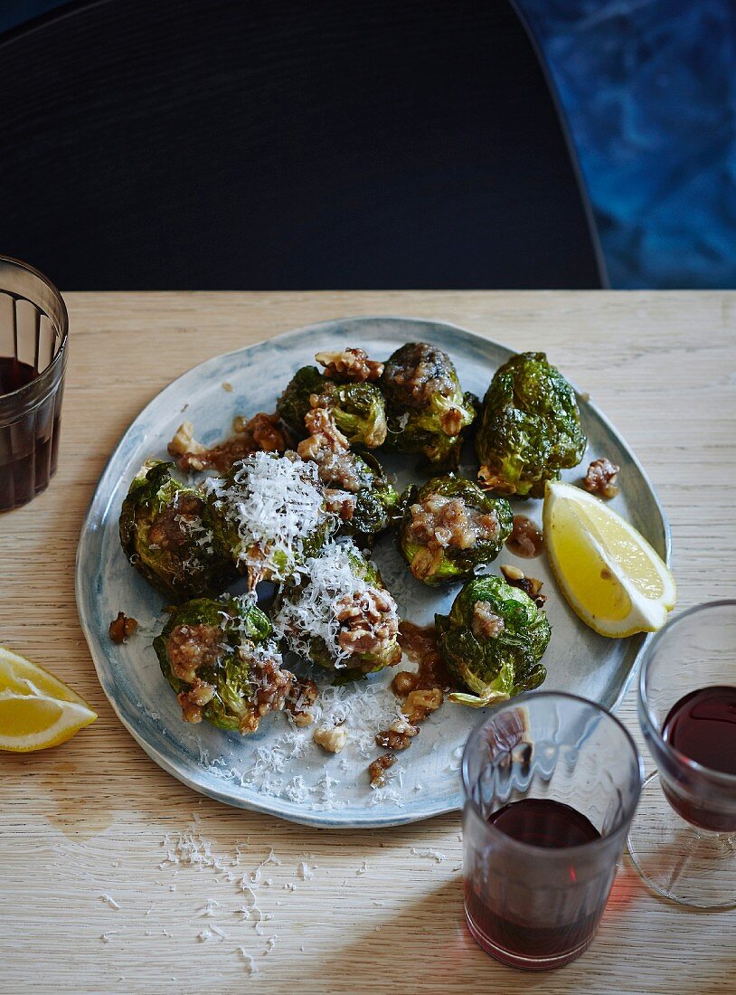 Brussels sprouts with walnut sauce, lemon and pecorino cheese