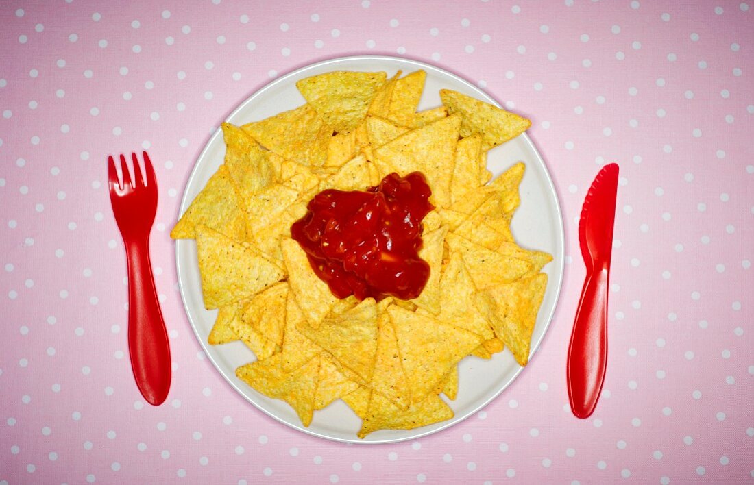 Tortilla chips with salsa on a plate with plastic cutlery (seen from above)