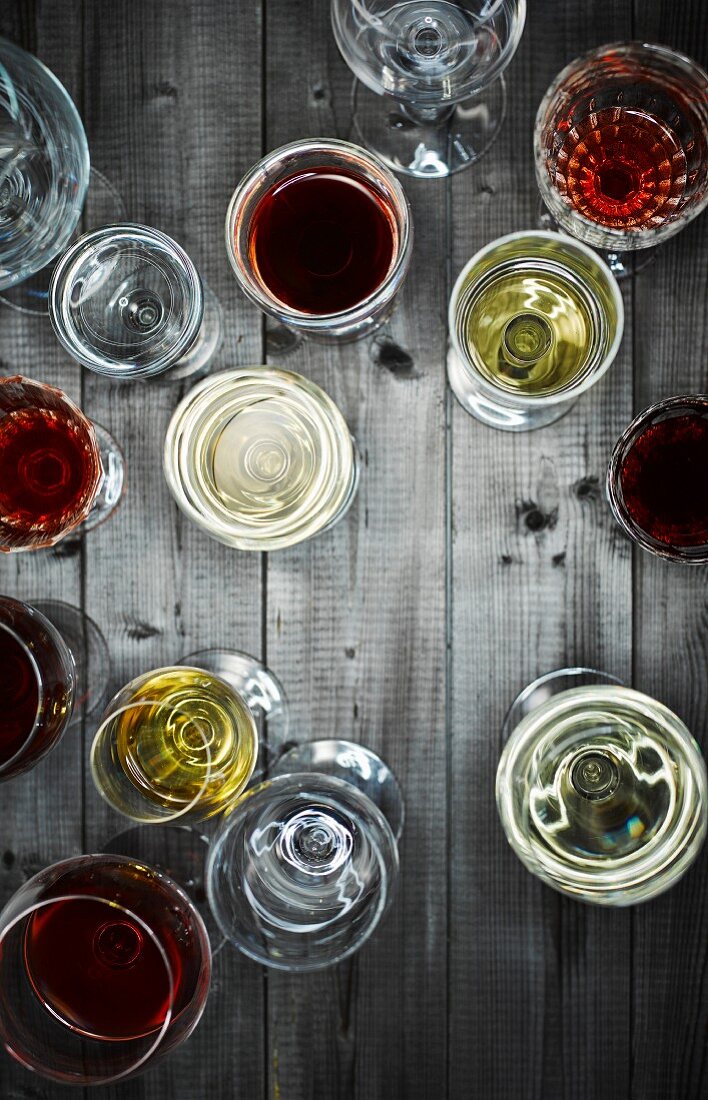 Glasses of various wine (seen from above)